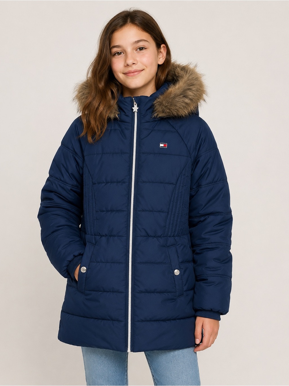 Tommy Hilfiger Girls Youth Puffer Coat L 14/16 Navy Faux Fur Hood